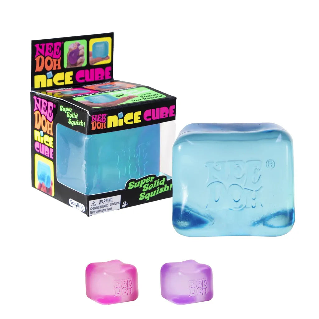 NEE DOH Nice Cube blue squishy stress relief toy in retail packaging with pink and purple mini cubes