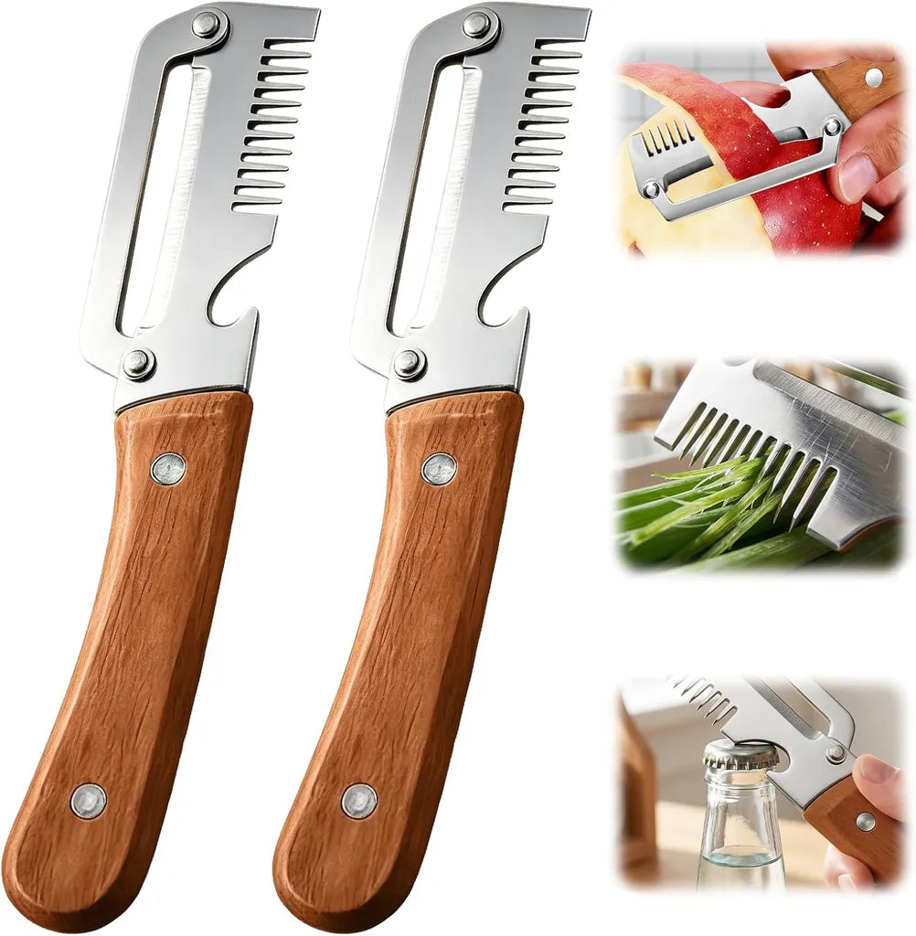 Stainless steel 2-in-1 peeler and julienne slicer with wooden handle, peeling apple, slicing green onions, opening bottle cap
