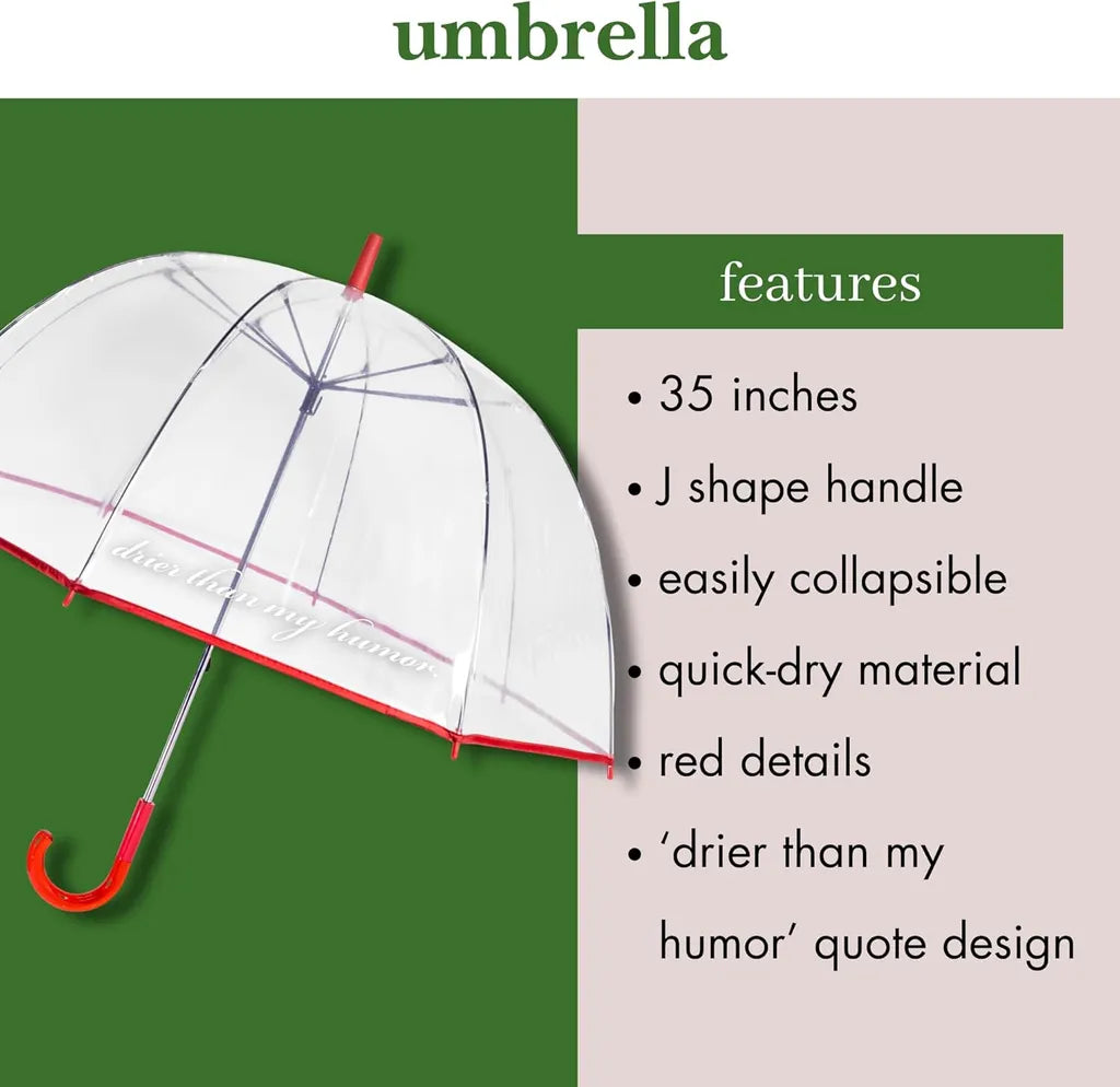 35-inch clear umbrella with red details, J-handle, quick-dry material, 'drier than my humor' design