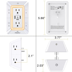شاحن حائط متعدد الوظائف وواقي من زيادة التيار: 6 منافذ مع منفذ USB-C (تصميم ثلاثي الجوانب)