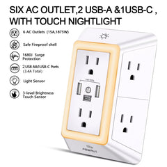 شاحن حائط متعدد الوظائف وواقي من زيادة التيار: 6 منافذ مع منفذ USB-C (تصميم ثلاثي الجوانب)