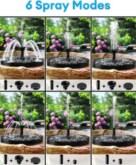 6 interchangeable spray nozzles for solar fountain: fan, jet, shower, cascade, mist, and single-stream patterns