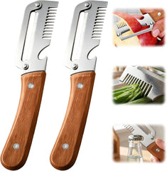 Stainless steel 2-in-1 peeler and julienne slicer with wooden handle, peeling apple, slicing green onions, opening bottle cap
