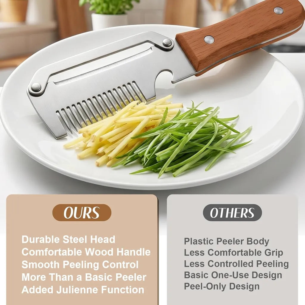 Stainless steel peeler with wooden handle on white plate beside julienned ginger and green onions; highlights durable head, comfortable grip, smooth peeling, and added julienne function vs plastic competitors