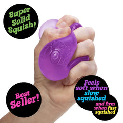 Hand squeezing purple NEE DOH Super Solid Squish stress toy with 'Best Seller' and texture claim badges