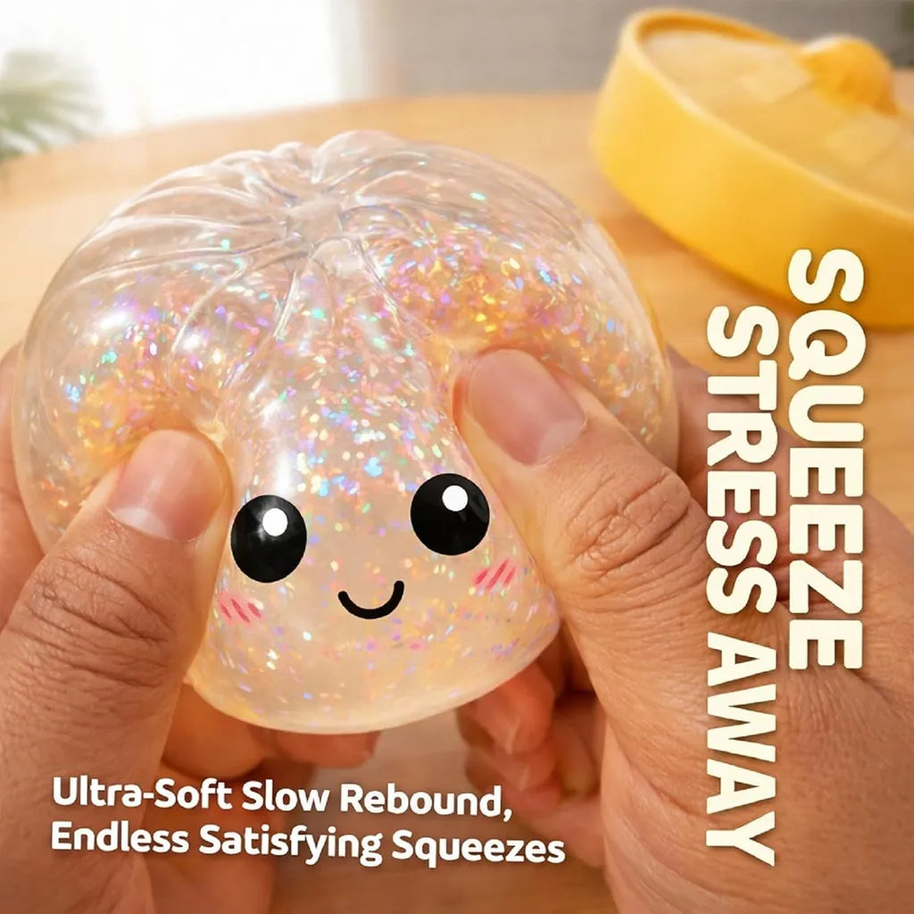 Ultra-soft glitter squishy dumpling toy with slow rebound, satisfying squeeze for stress relief