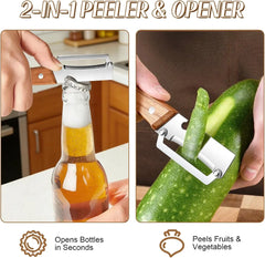 2-in-1 stainless steel peeler & bottle opener opening beer bottle and peeling cucumber; fast bottle opening and fruit/vegetable peeling