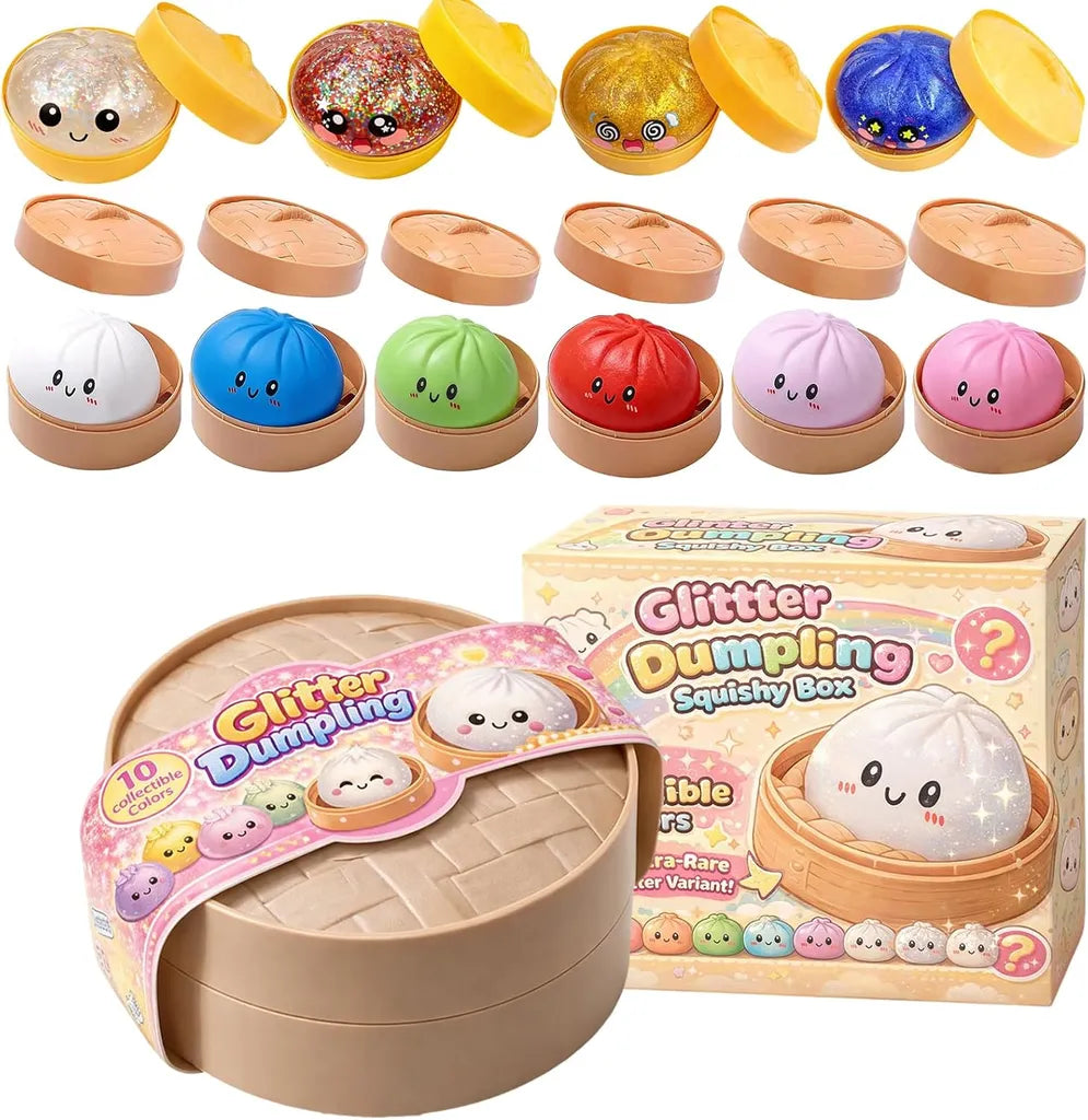 Glitter Dumpling Squishy Box with 10 collectible colors, cute kawaii dumpling toys in steamer baskets