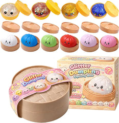 Glitter Dumpling Squishy Box with 10 collectible colors, cute kawaii dumpling toys in steamer baskets