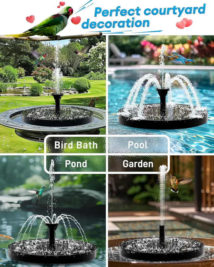 Solar fountain used as bird bath, pool centerpiece, pond feature, and garden decoration with birds attracted