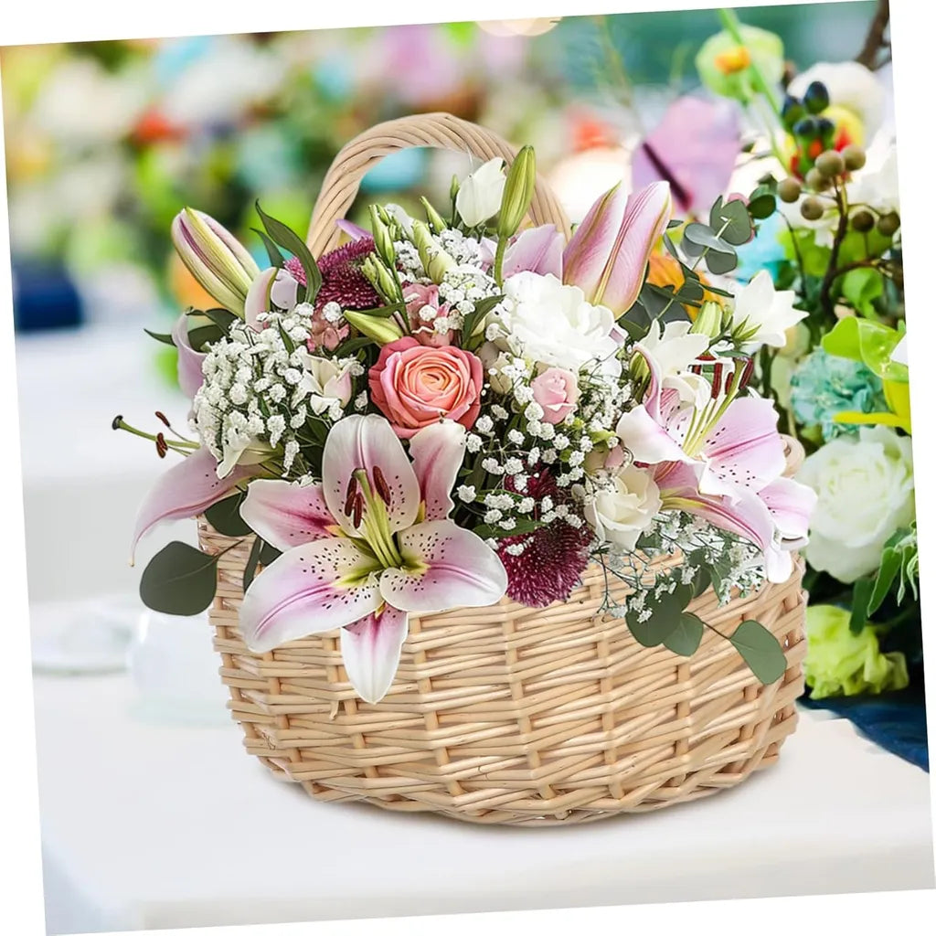 Floral bouquet in natural wicker basket featuring lilies, roses, and filler flowers, soft-focus background