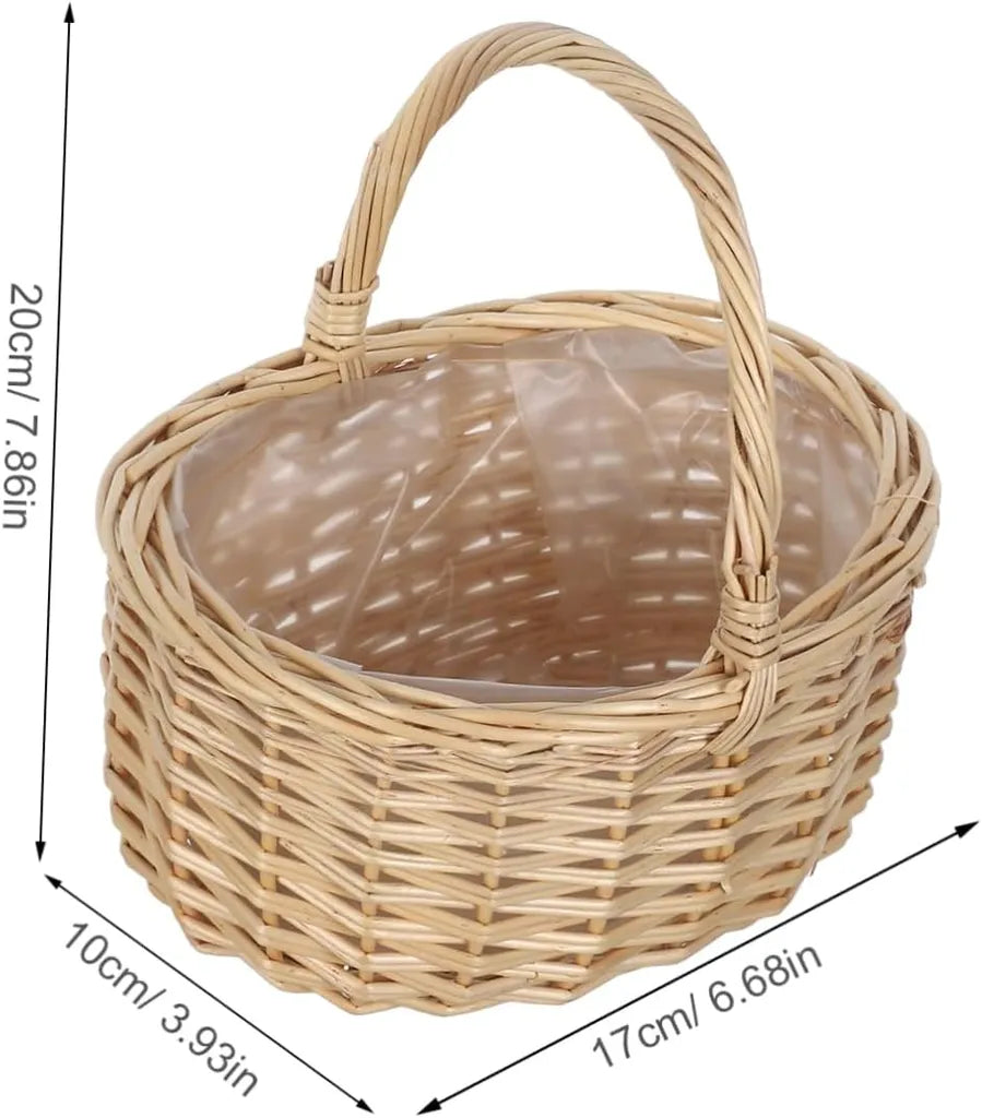 Empty natural wicker basket 20cm × 17cm × 10cm with handle and plastic liner, side view