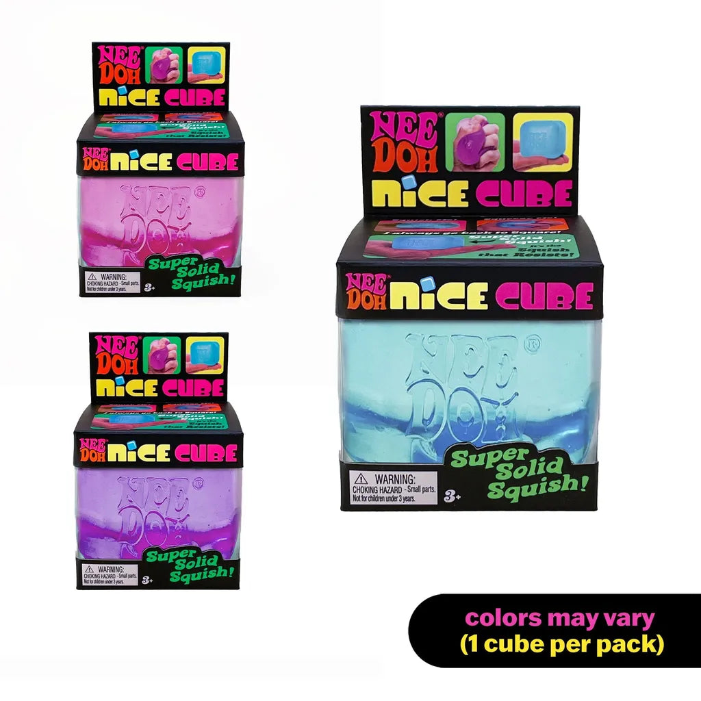 Three NEE DOH Nice Cube packs: blue, pink, and purple—each 1 cube per pack, color may vary