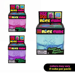 Three NEE DOH Nice Cube packs: blue, pink, and purple—each 1 cube per pack, color may vary
