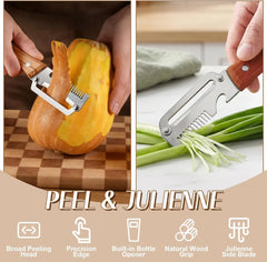 Dual-function peeler julienne tool in use: peeling pumpkin and slicing scallions; features broad peeling head, precision edge, built-in bottle opener, natural wood grip, julienne side blade