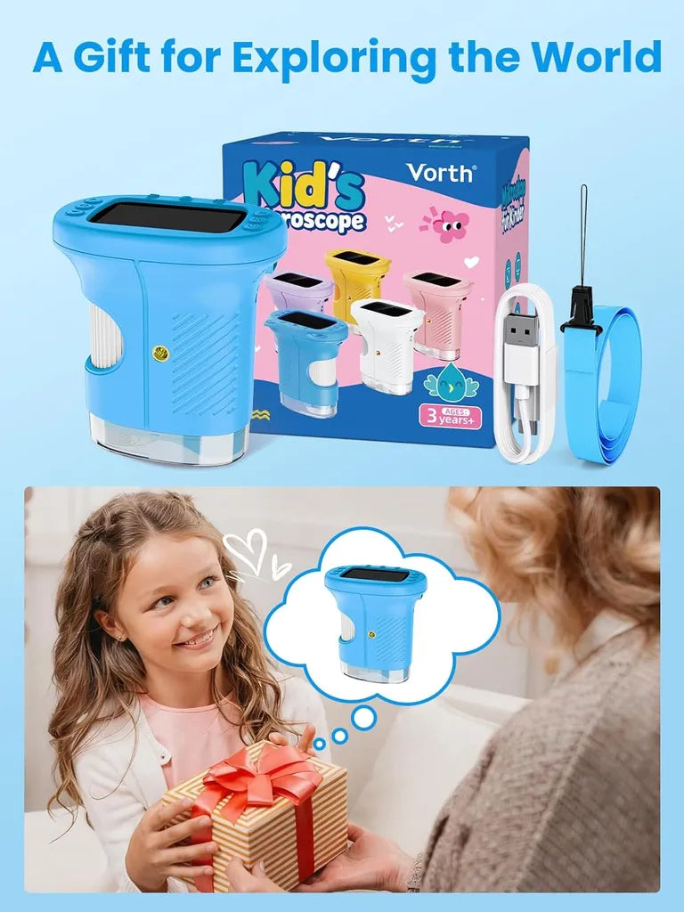 Gift for exploring the world: Vorth kids microscope box with 4 colors, USB cable, lanyard; girl receiving gift with thought bubble