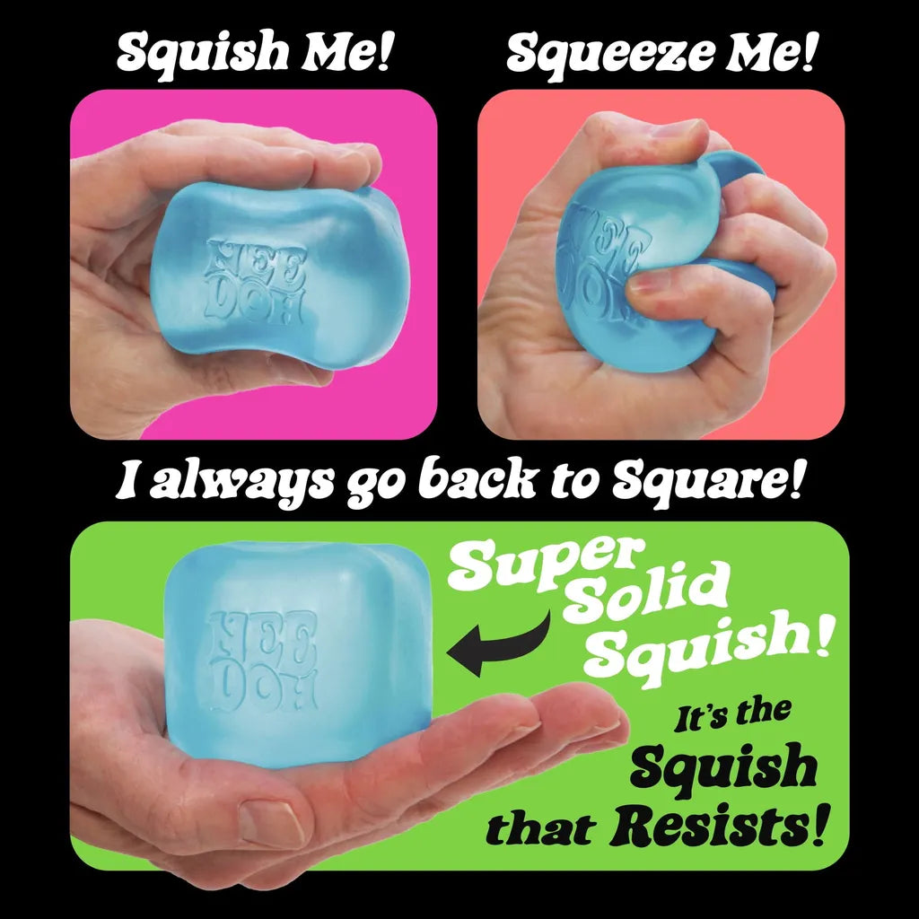 NEE DOH blue cube demonstrating squish vs squeeze deformation with 'I always go back to Square!' and 'Super Solid Squish' claims