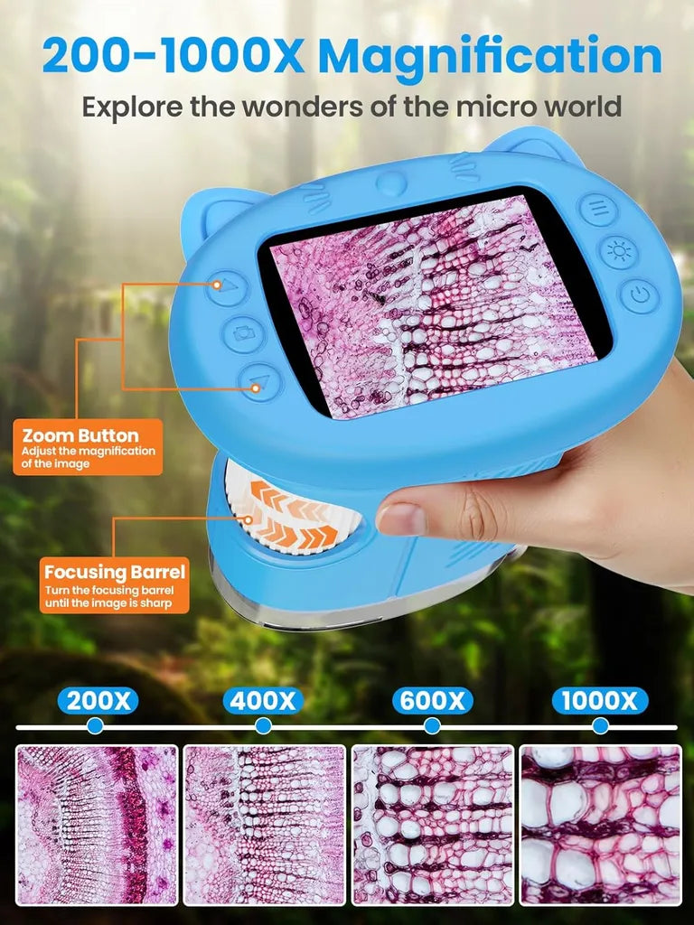 200–1000X magnification: plant tissue images at 200X, 400X, 600X, 1000X; zoom button and focusing barrel labeled