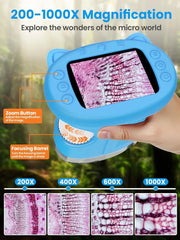 200–1000X magnification: plant tissue images at 200X, 400X, 600X, 1000X; zoom button and focusing barrel labeled