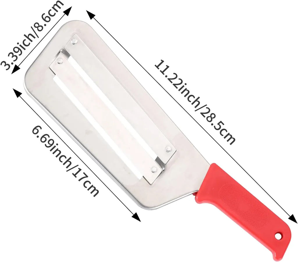 Cabbage slicer dimensions: 11.22in x 6.69in x 3.39in, stainless steel body with red ergonomic handle