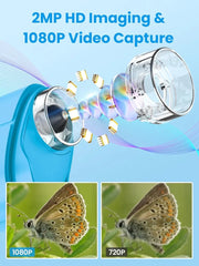 2MP HD imaging & 1080P video capture specs: internal lens assembly diagram with side-by-side butterfly wing comparison at 1080P vs 720P