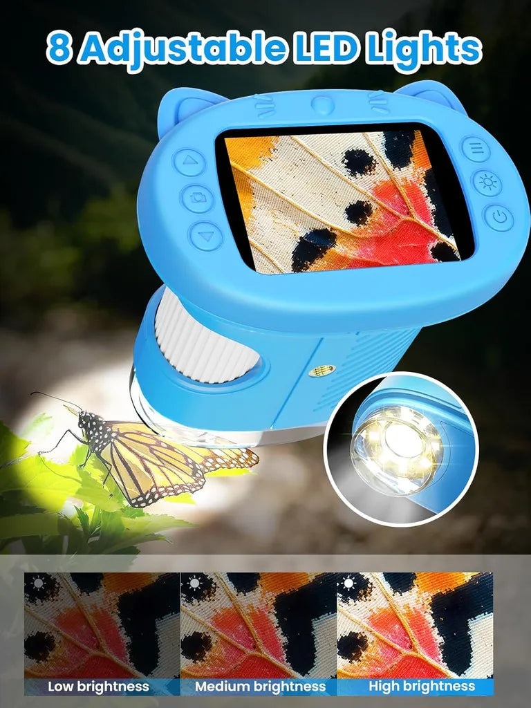 8 adjustable LED lights: butterfly wing under low, medium, high brightness; close-up of LED ring illumination