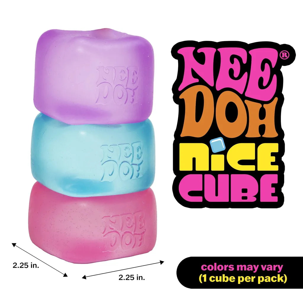 Stacked NEE DOH Nice Cube trio (purple, blue, pink), 2.25-inch square, with brand logo and color disclaimer