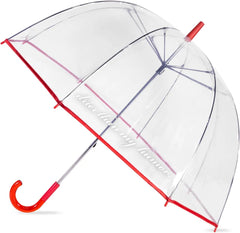 Clear dome umbrella with red trim and 'drier than my humor' quote, J-shaped handle