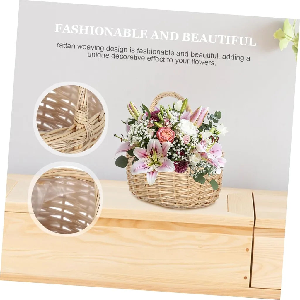 Fashionable rattan weaving basket with close-up of knot and liner, styled with flowers on wood surface