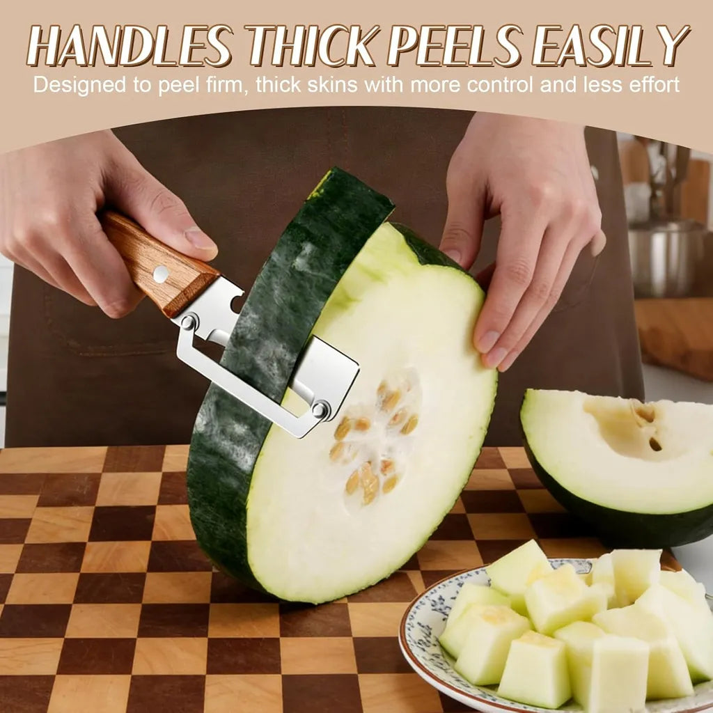 Peeler effortlessly removing thick rind from winter melon on checkered cutting board; designed for firm, thick skins with control and less effort
